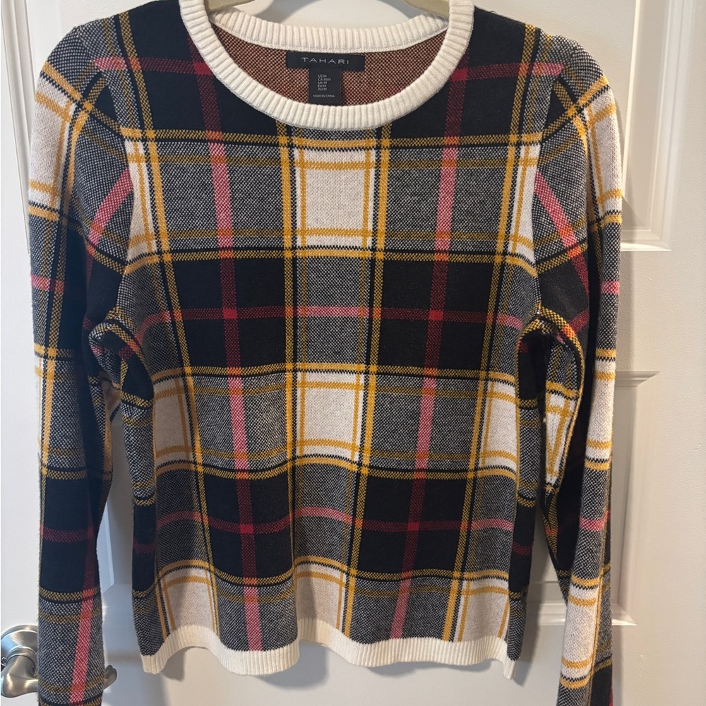 Tahari Women's Plaid Sweater - Black, Yellow, Pink